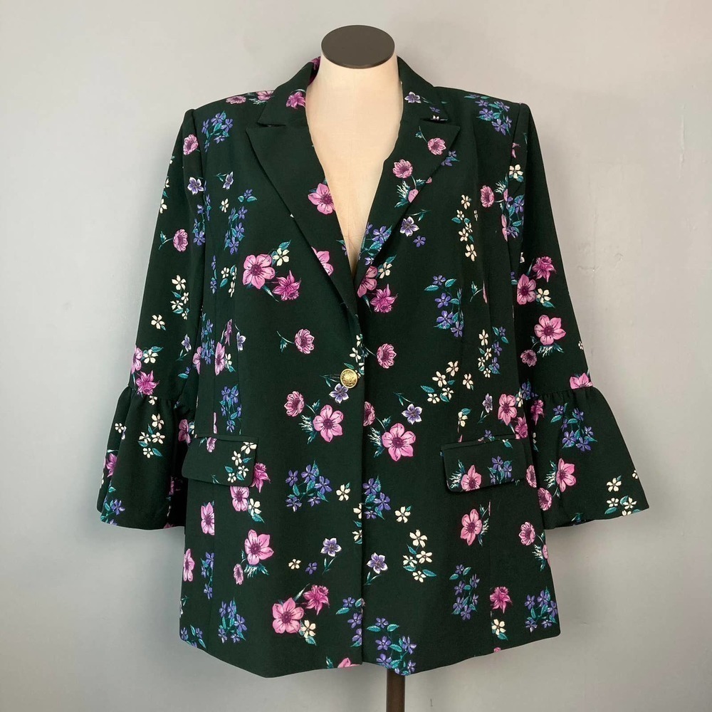 LANE Bryant The Bryant Blazer Green Floral 3/4 Flare Bell Sleeve Size 20 Jacket
